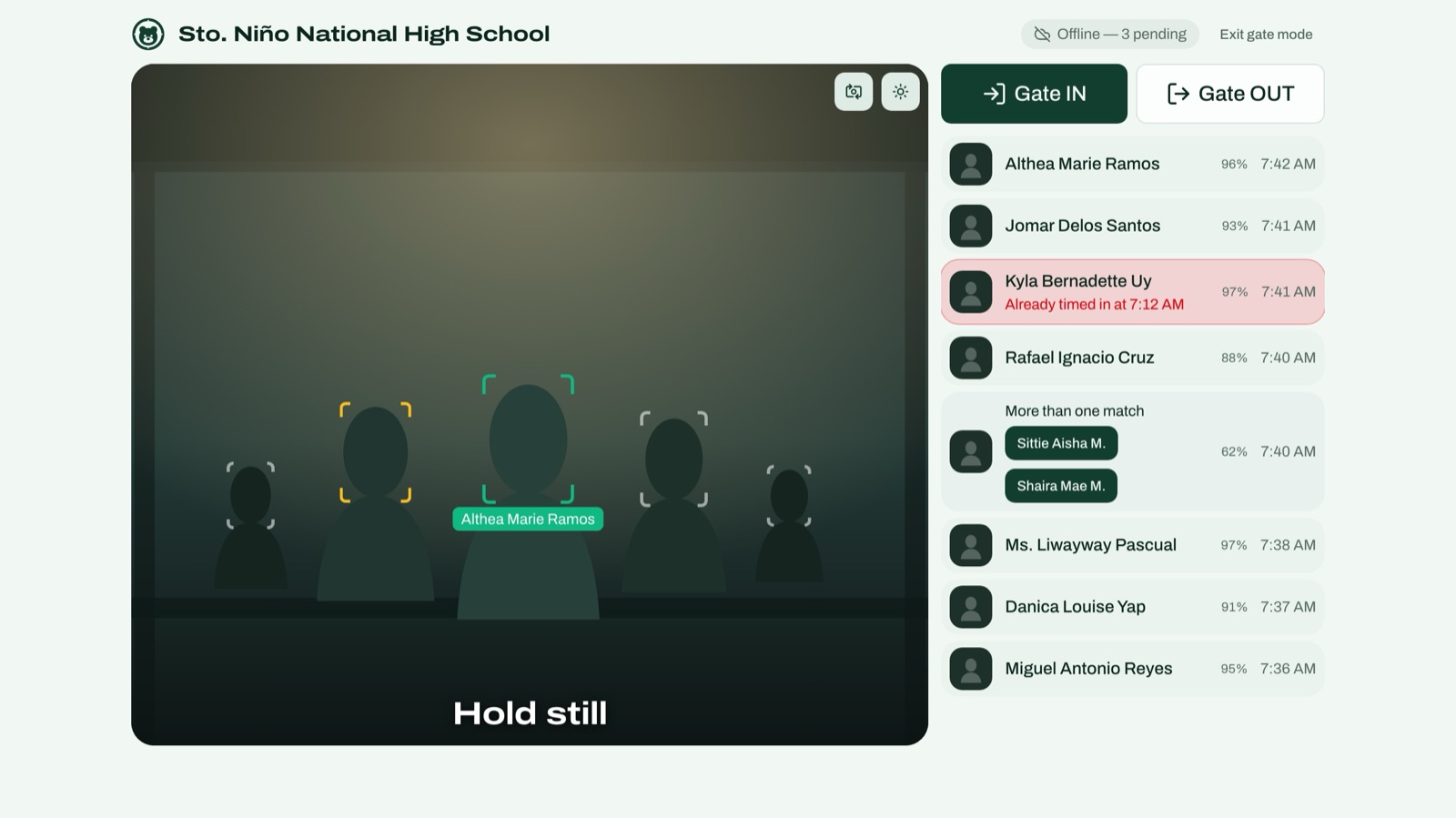 The gate screen in Gate IN mode: a camera view with several silhouetted figures, boxes drawn on five of them and one named Althea Marie Ramos, beside a list of everyone recognised in the last few minutes with a match percentage and a time.