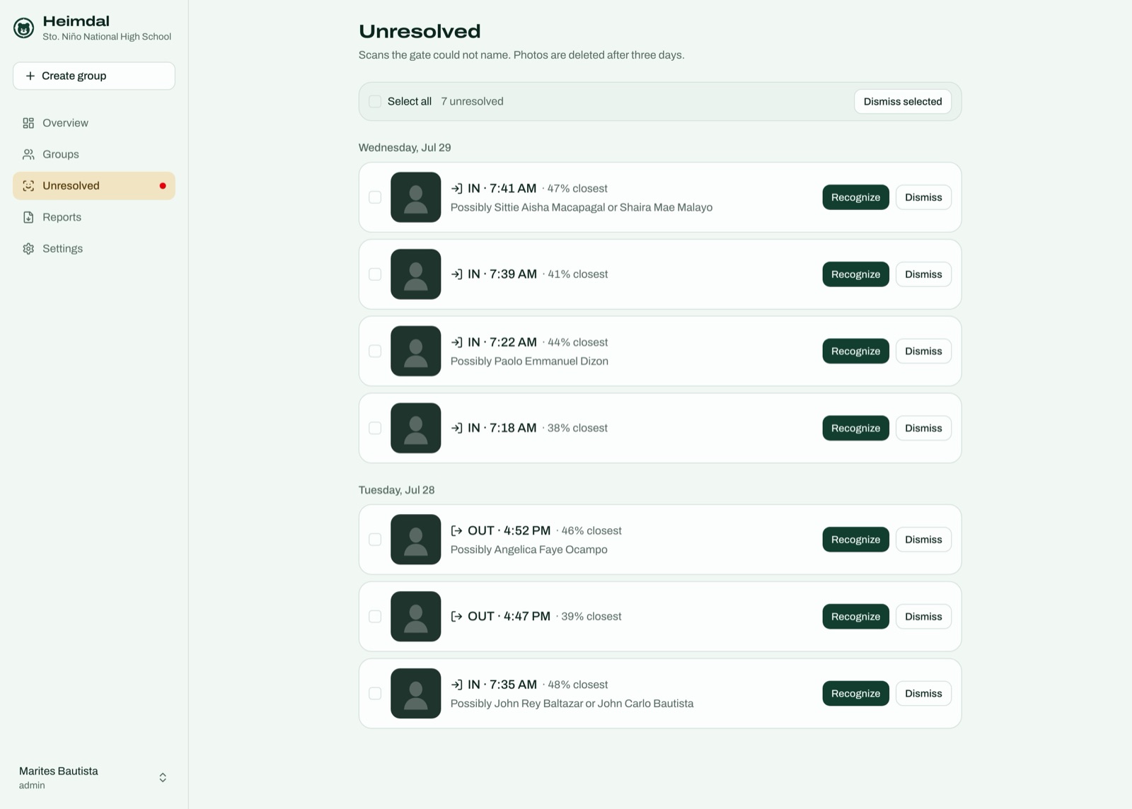 The Unresolved page: seven scans grouped by day, each with a time, a direction, a closest-match percentage, sometimes a possible name, and buttons to recognise or dismiss.