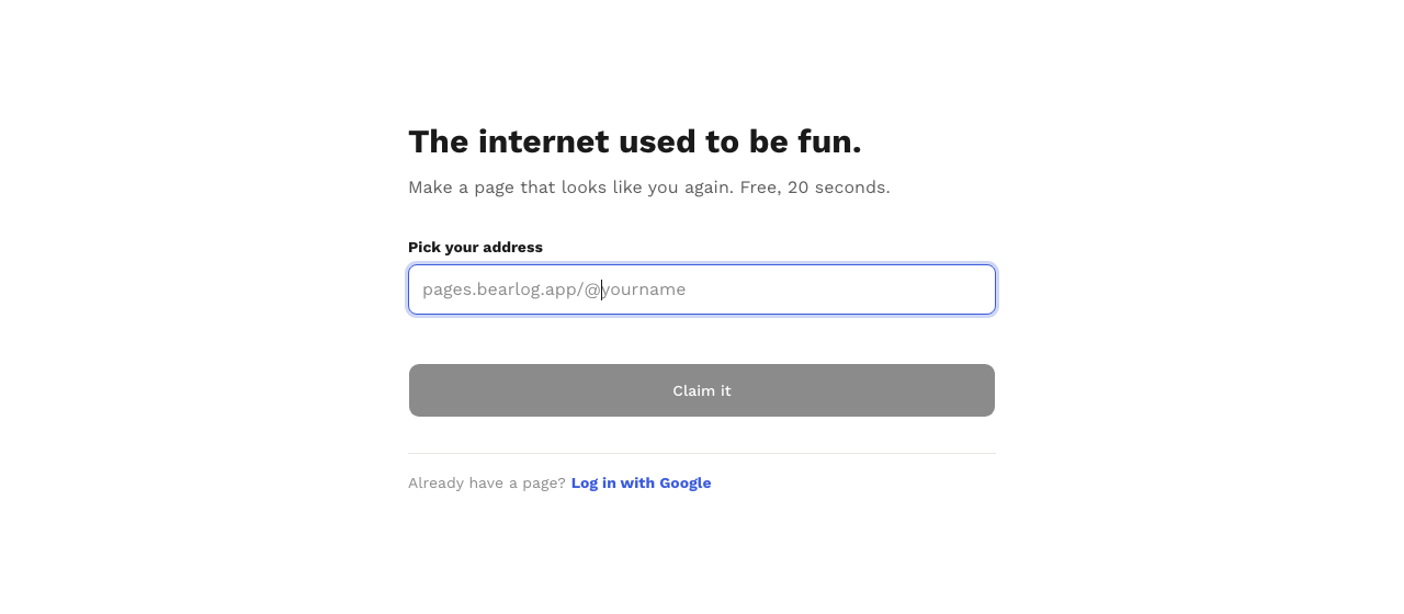 The Pages claim screen: a single field reading pages.bearlog.app/@yourname, with a Claim it button below it.