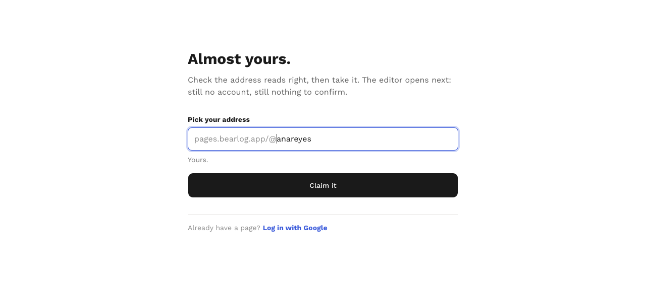 The confirm step, headed Almost yours, with the handle anareyes typed in and the word Yours under it.