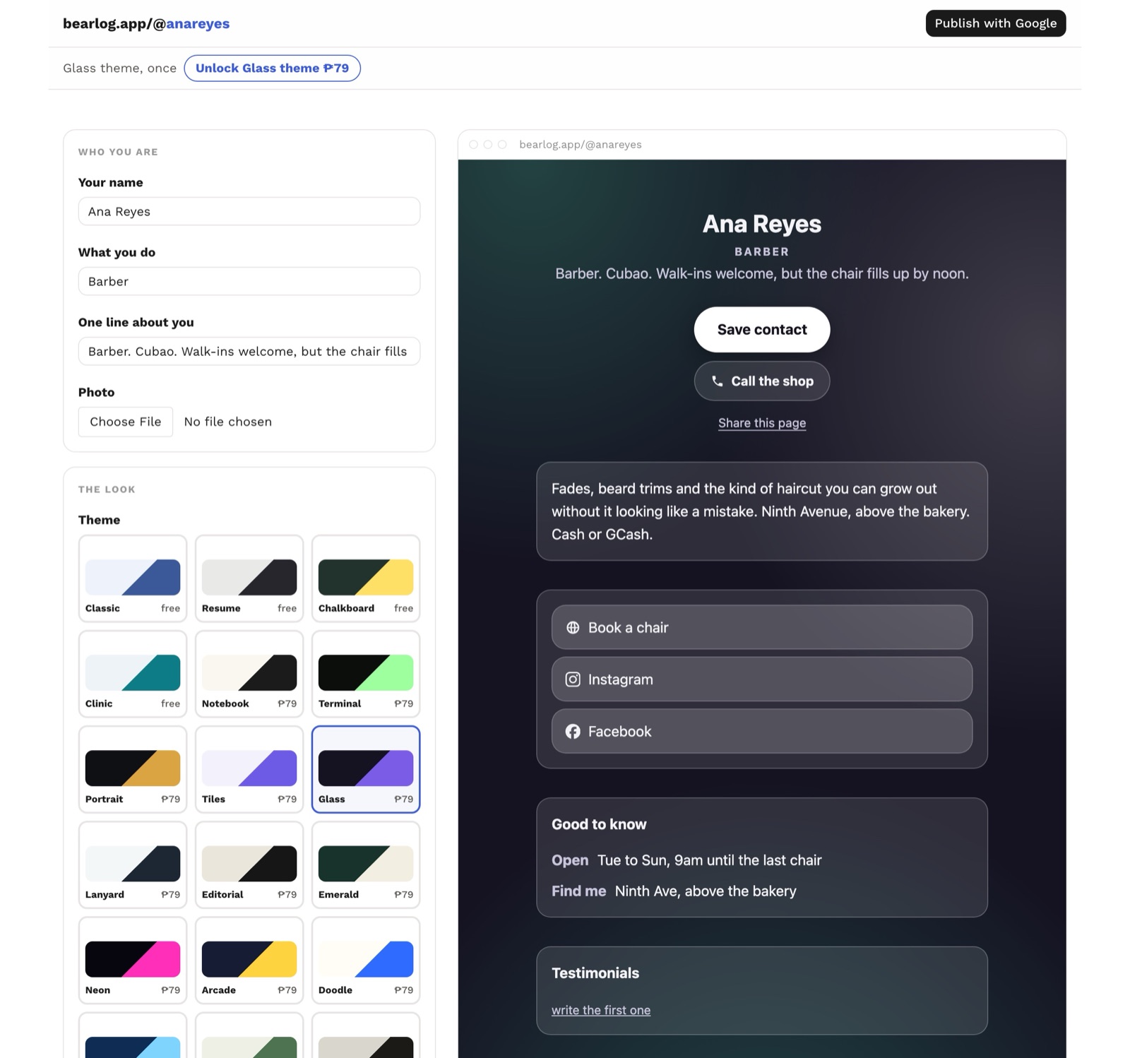 The editor: a form on the left with name, what you do and one line about you filled in, and on the right a live preview of the page inside a small browser frame.