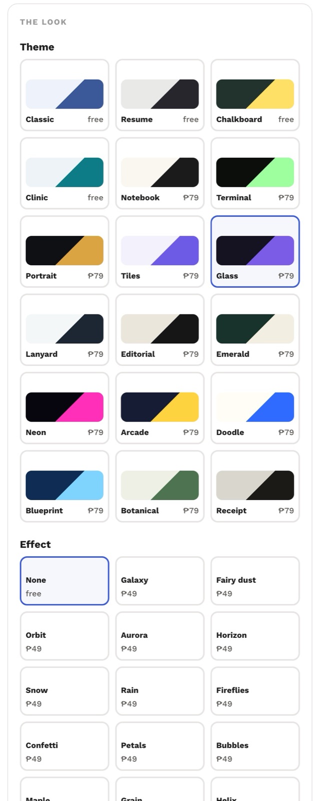 The Theme panel: a grid of tiles, each a two-tone swatch with its name and either the word free or a price, Glass selected, and an Effect grid below it.