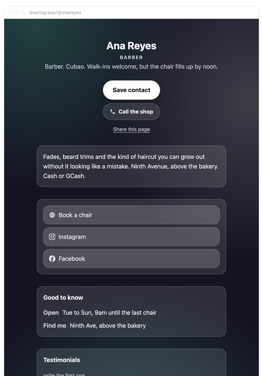 The page itself: name, what you do, a line about you, a Save contact button, the links each with their own logo, and a Good to know panel.