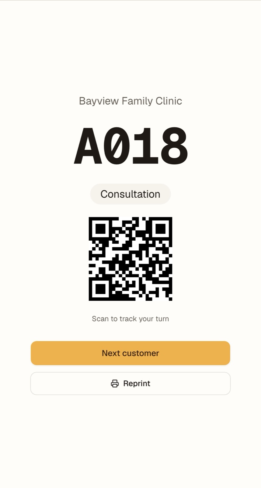 The door screen after issuing a ticket: the business name, the number A018, the service chosen, and a QR code captioned Scan to track your turn, above buttons for the next customer and a reprint.
