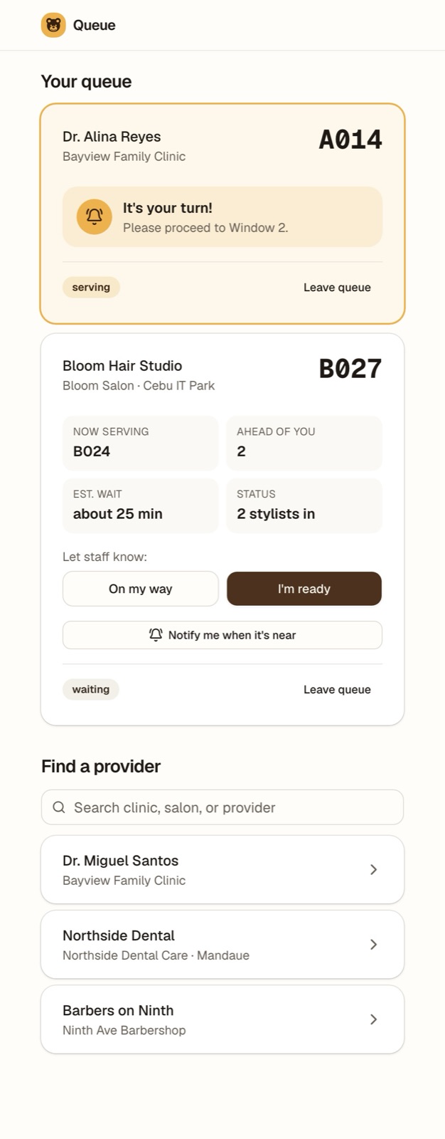The customer's phone: two queues, one called with It's your turn, one waiting with position, estimated wait and buttons reading On my way and I'm ready.