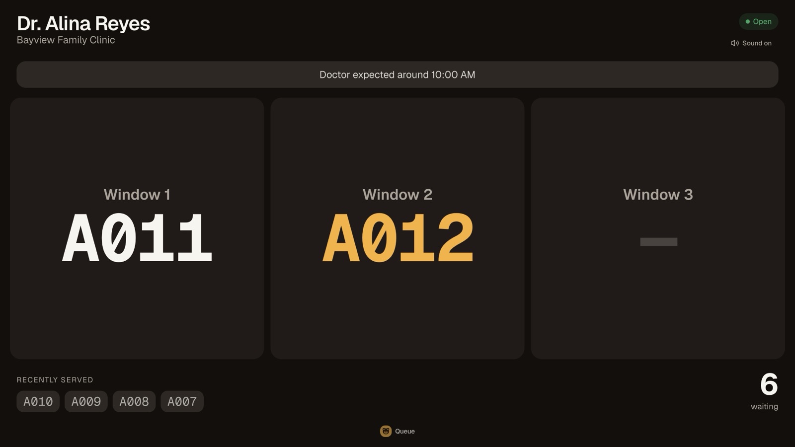 The TV board: one panel per window, each with the number it is serving in very large type, the recently served numbers along the bottom and a count of how many are waiting.